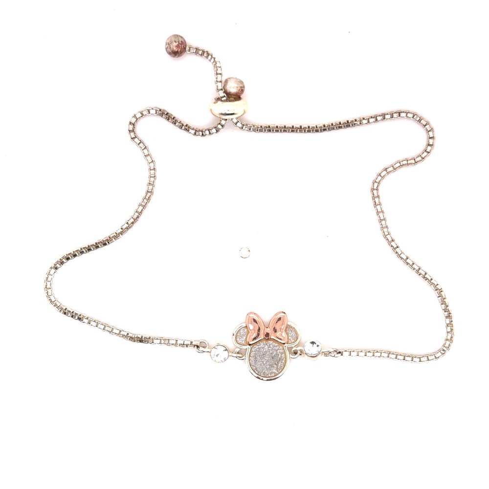 Disney Minnie Mouse Bolo Bracelet Silver Tone Rose Gold Bow Glitter Adjustable
